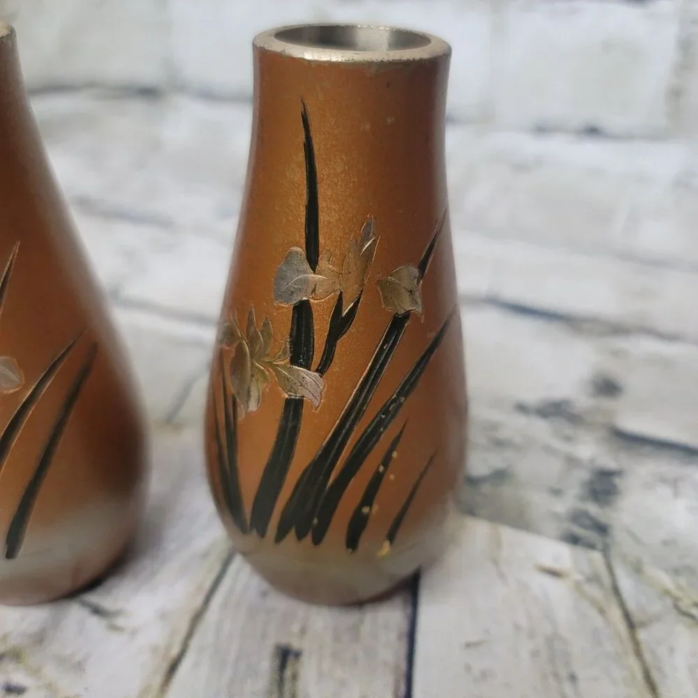 2 Japanese Enamel Vases with Inlay Flowers Appx 4-4.25 Inches Tall